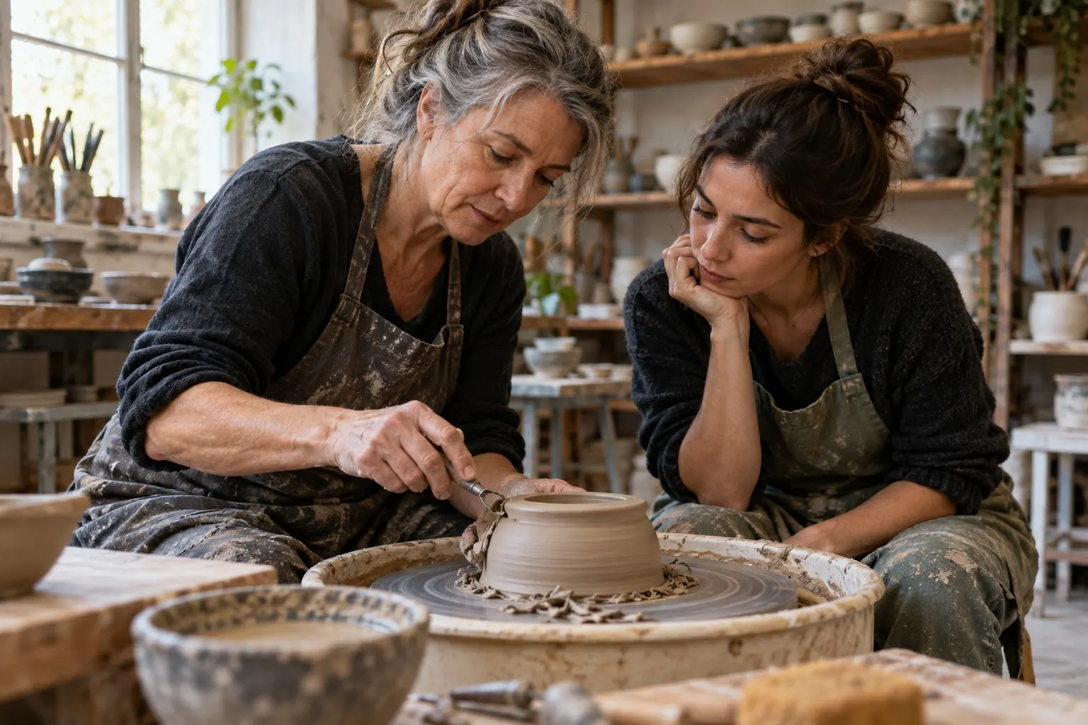 A ceramics instructor listens while a learner explains a specific difficulty at the pottery wheel in a working studio.