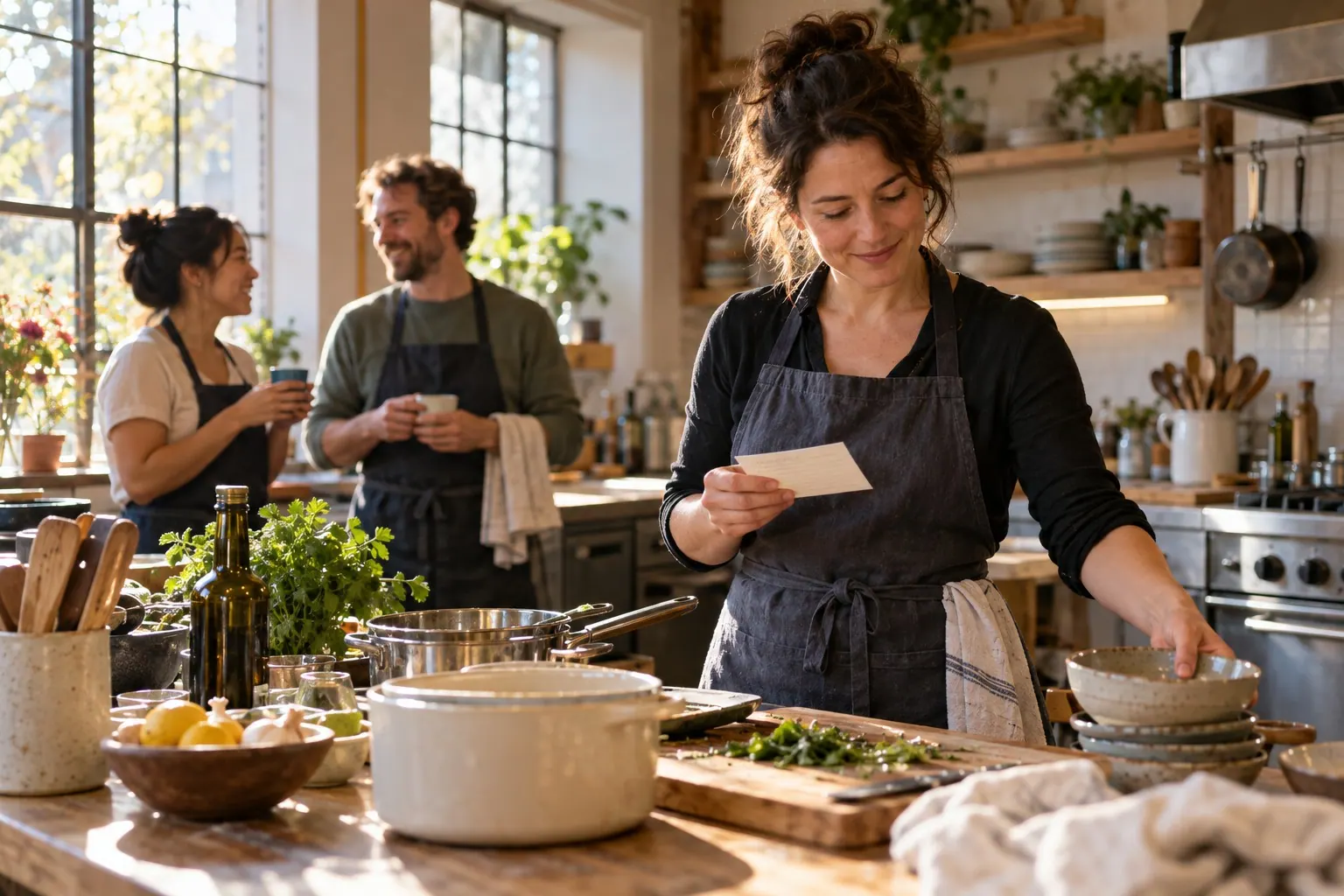 A cooking instructor prepares a small class and checks a participant’s feedback card after the session.