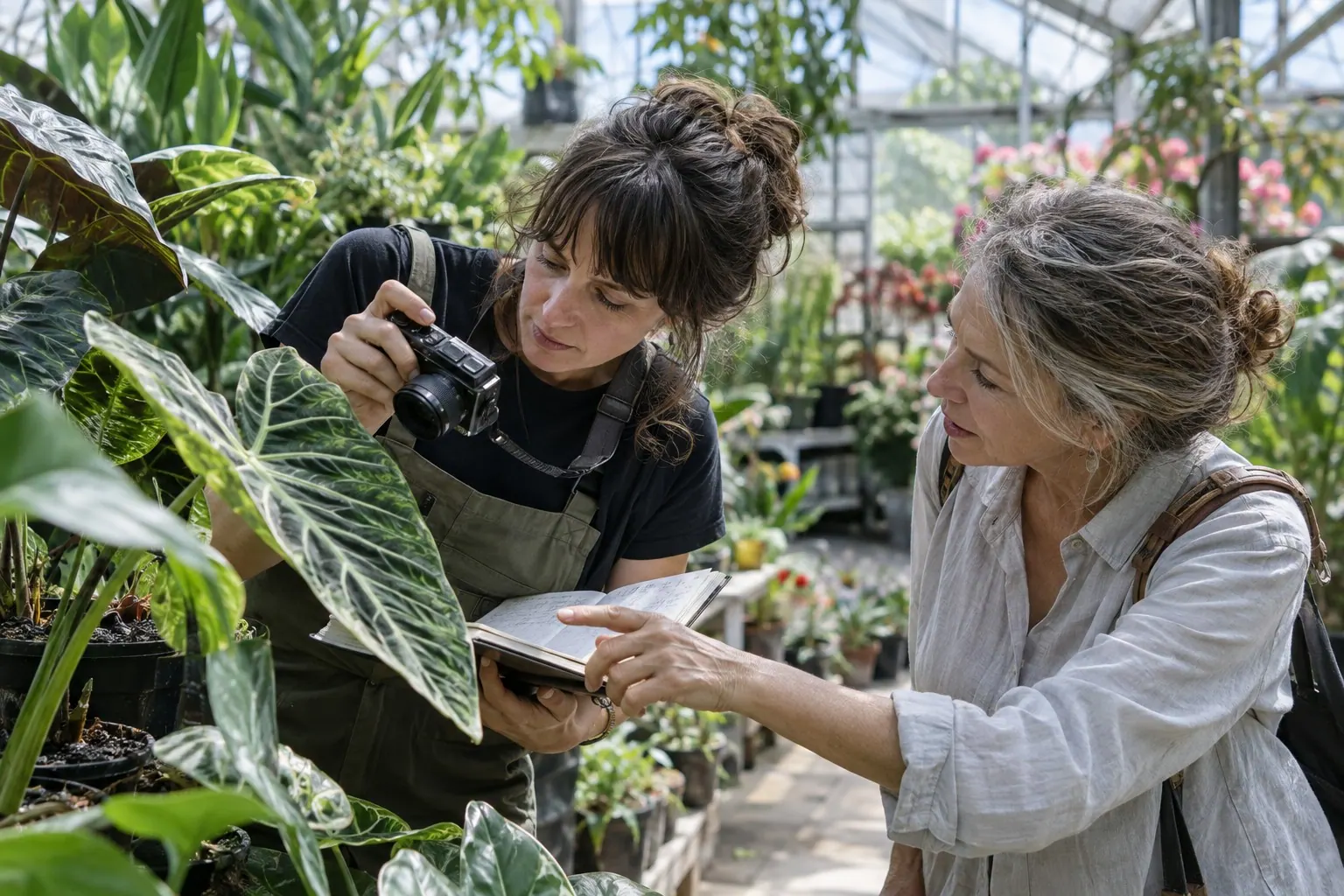 A horticulture educator photographs a plant while updating a field guide with a learner in a greenhouse.