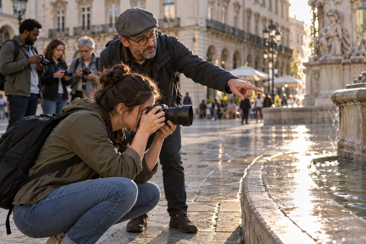 An adult learner asks an instructor a question during a small photography class.