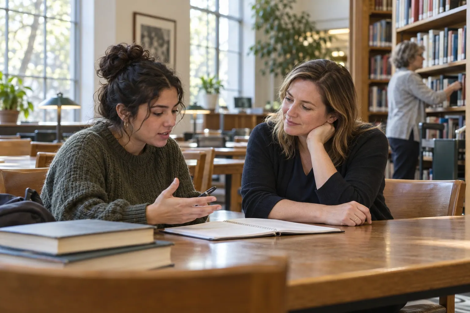 An instructor listens to a learner during a quiet study-room check-in.