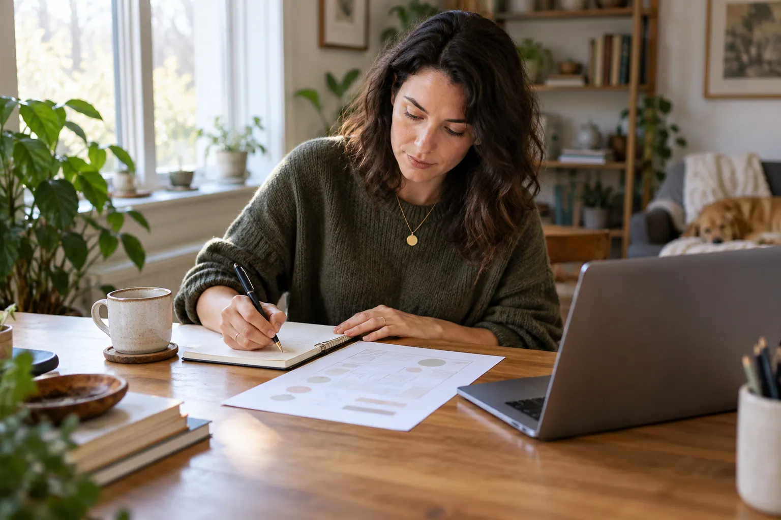 A consultant writes in a practical workbook at a home-office table beside a laptop.