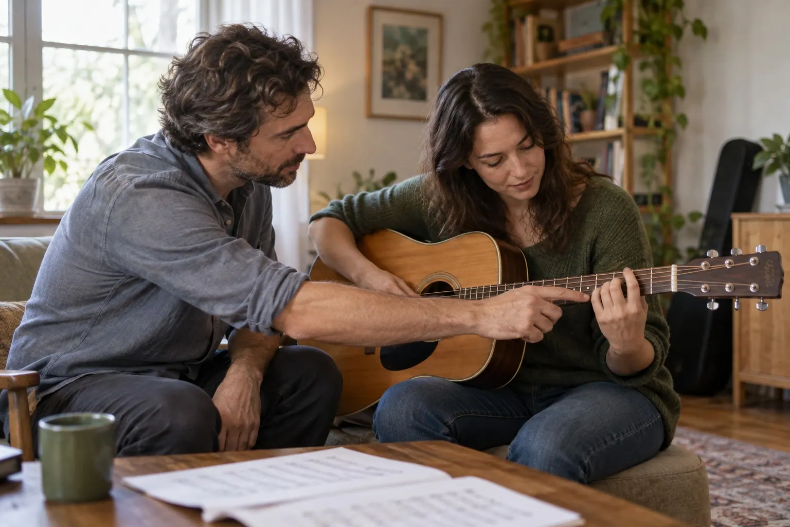 A guitar teacher points to a student's fretting hand as they practice together in a home music room.
