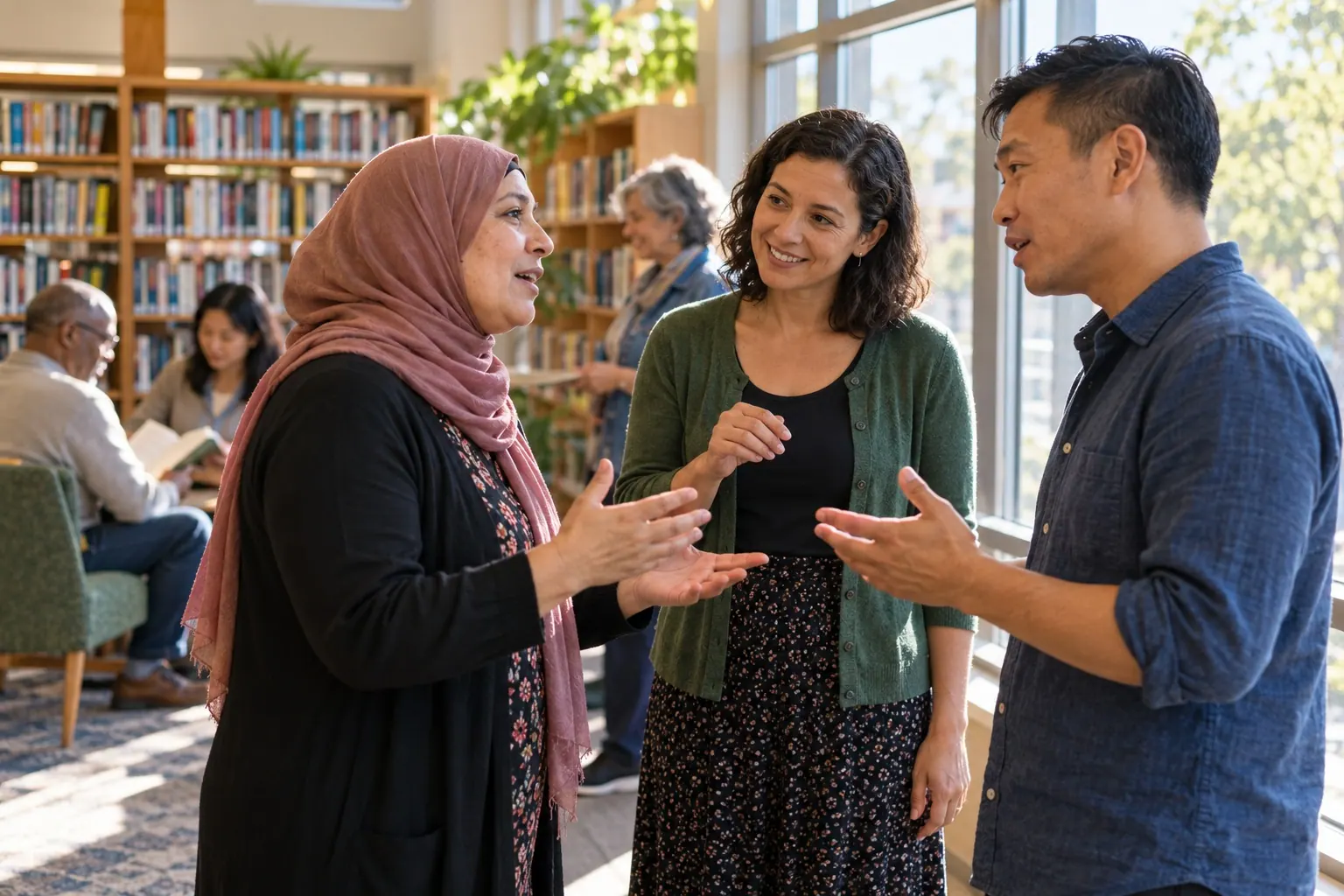 Three adults speak together in a library, one sharing an idea while the others listen.