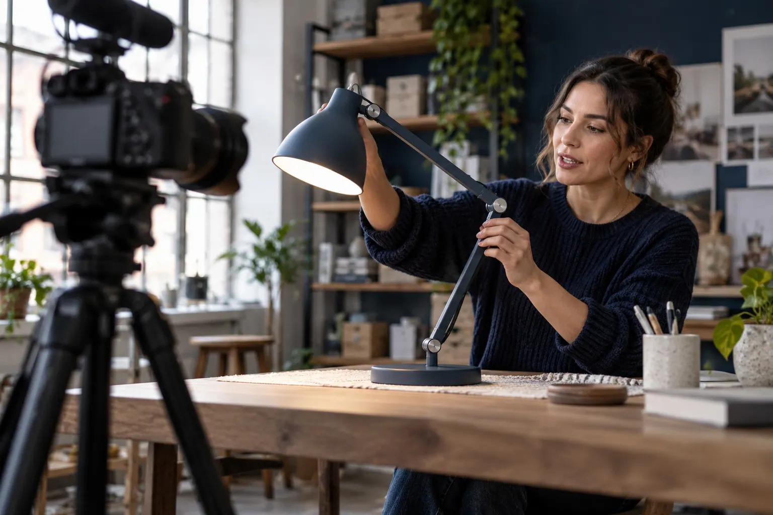 A creator films a simple product demonstration in a compact studio with natural window light.