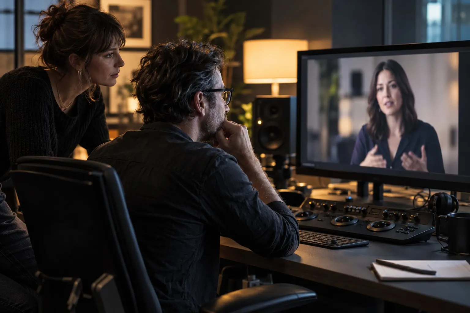 A producer and video editor review a filmed creative variant on a studio monitor.