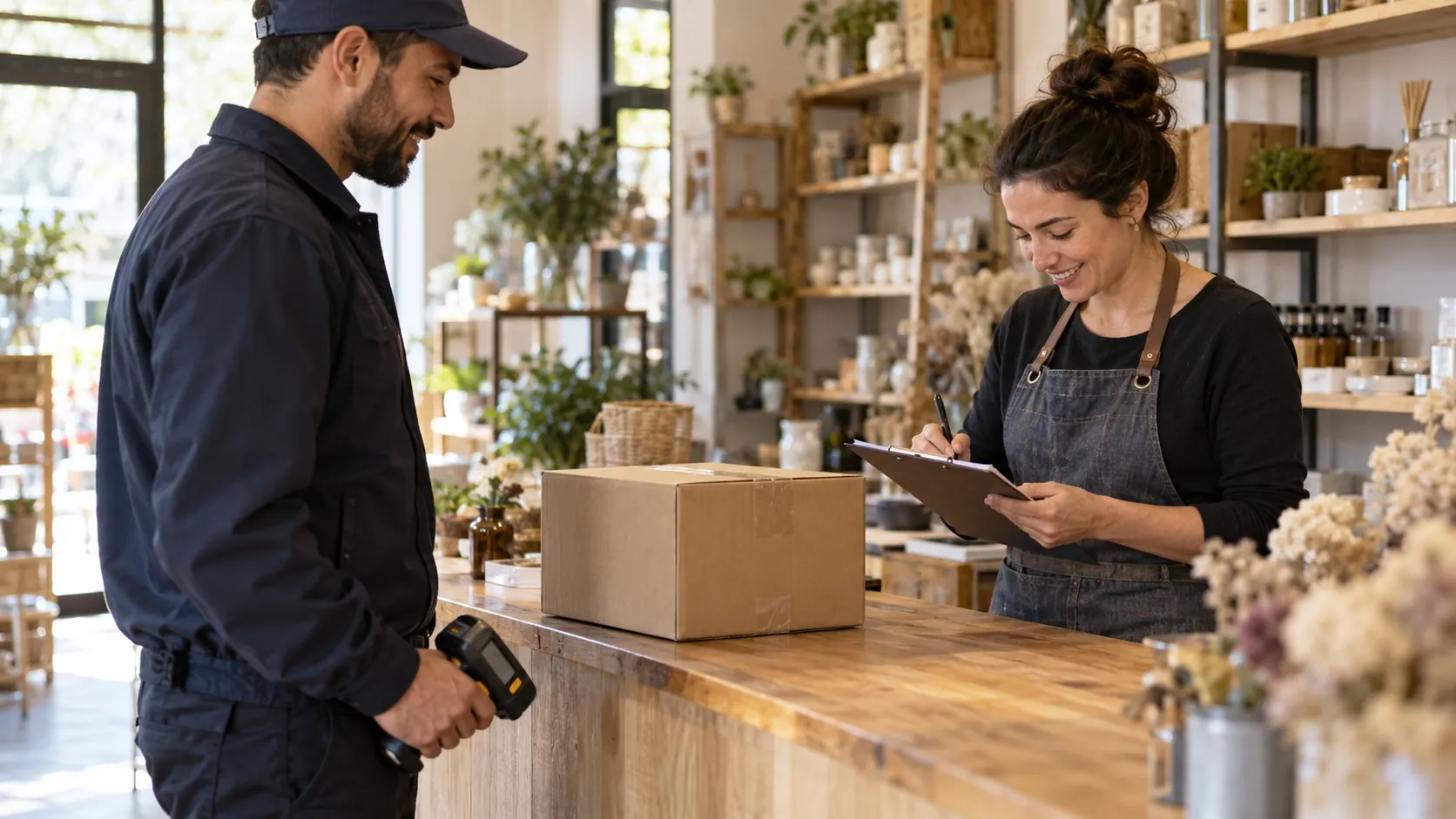A shop owner signs for a plain parcel at a business receiving counter while a courier holds a scanner.