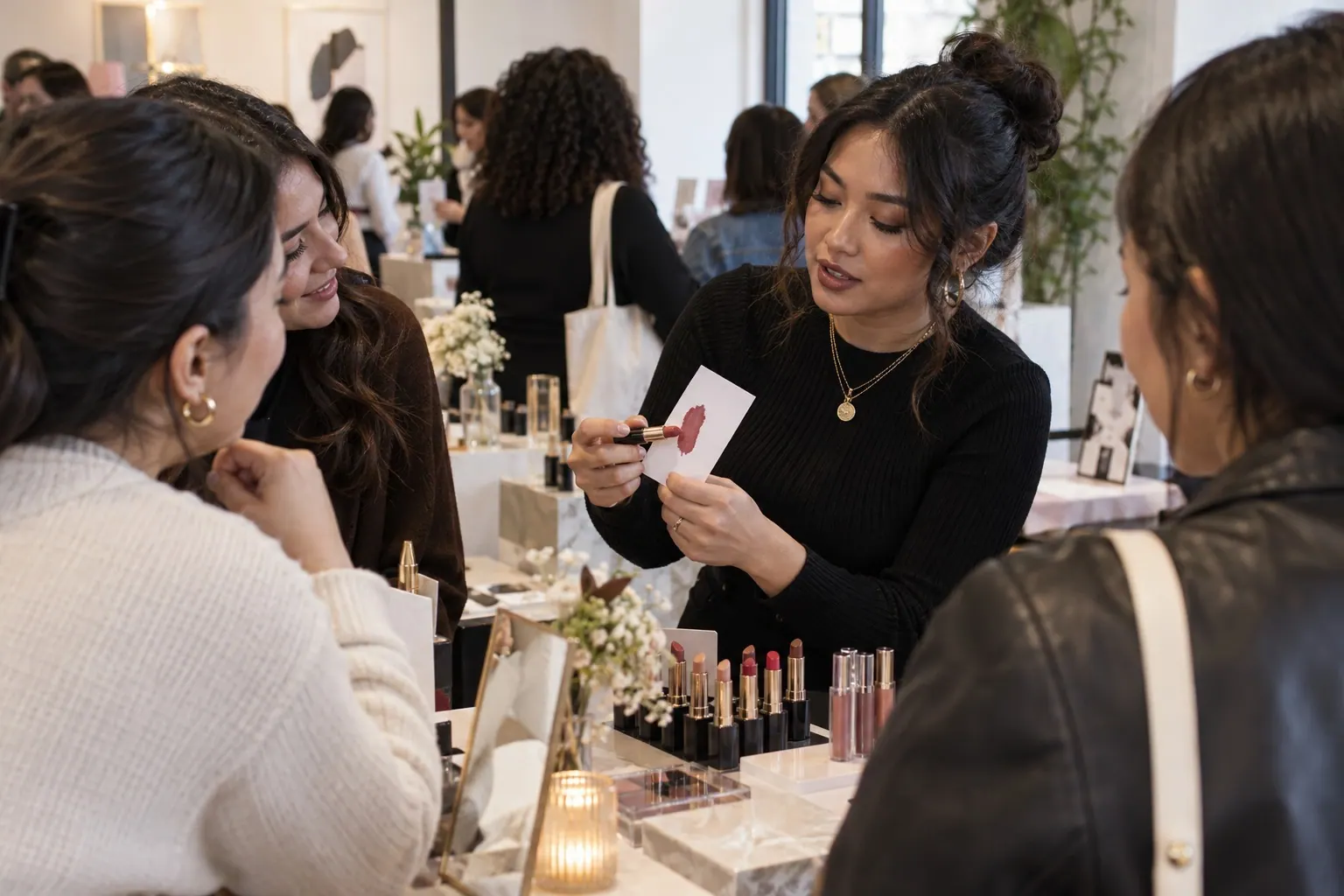 A beauty creator demonstrates a lipstick shade to visitors at an independent cosmetics pop-up.