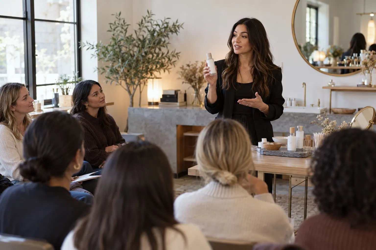 A beauty founder explains a product relationship to a small audience during a demonstration.
