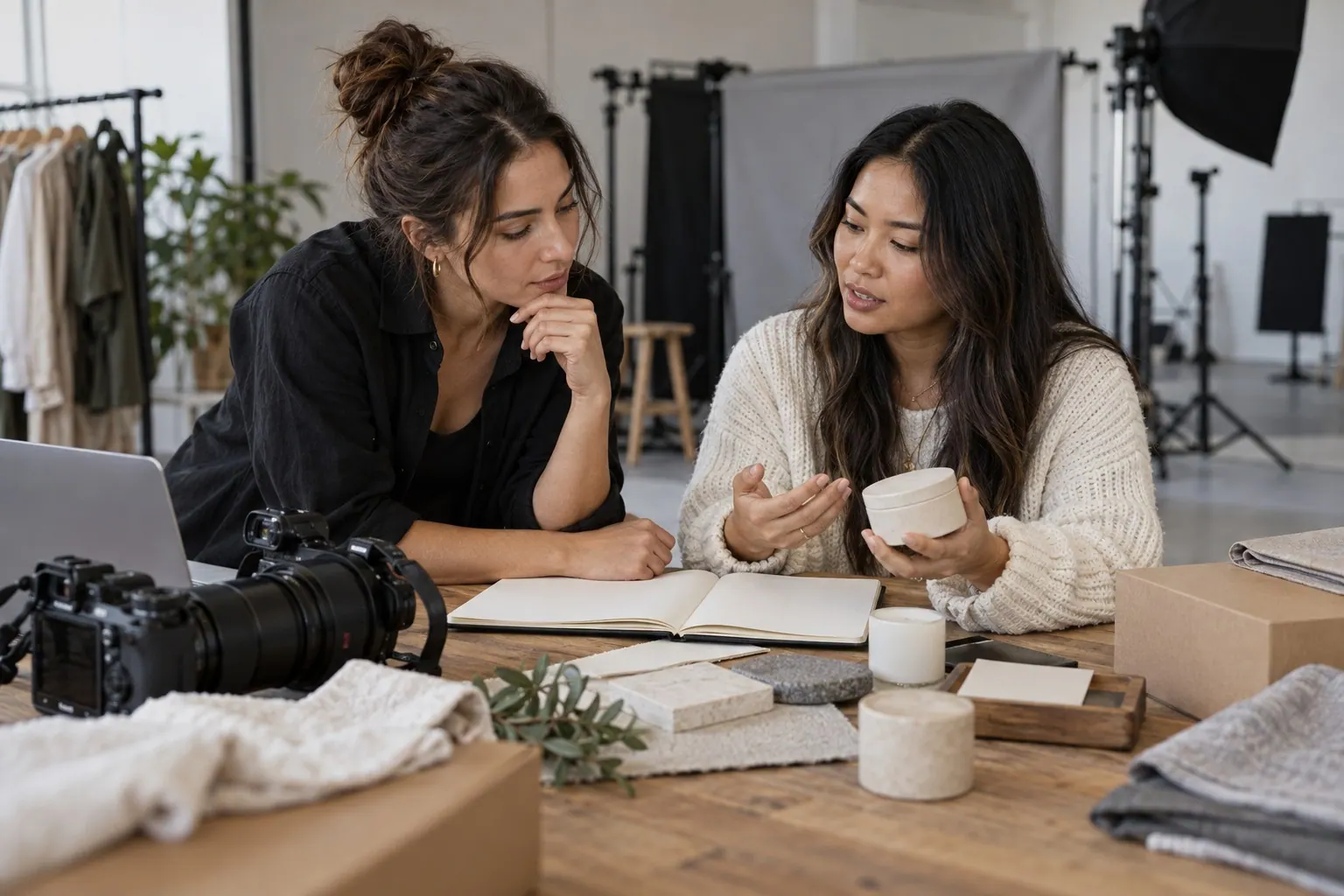 A creator and business advisor compare a product sample, a campaign brief, and the operating work of a small beauty brand.
