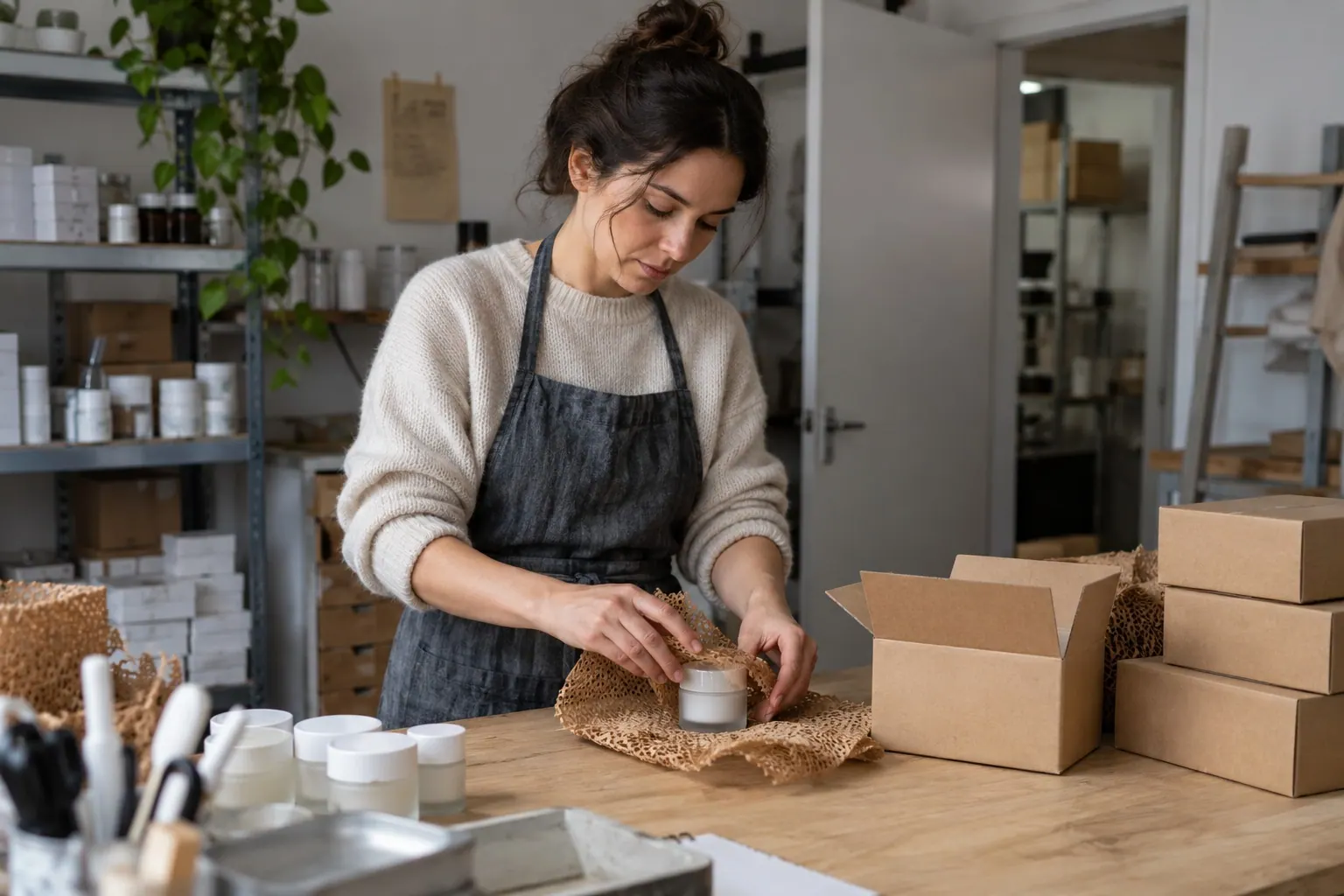 A small beauty-business founder packs a cosmetics order at a workbench.
