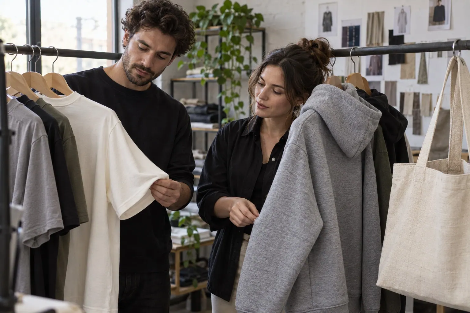 A creator and designer compare a T-shirt, hoodie, and tote on a studio worktable.