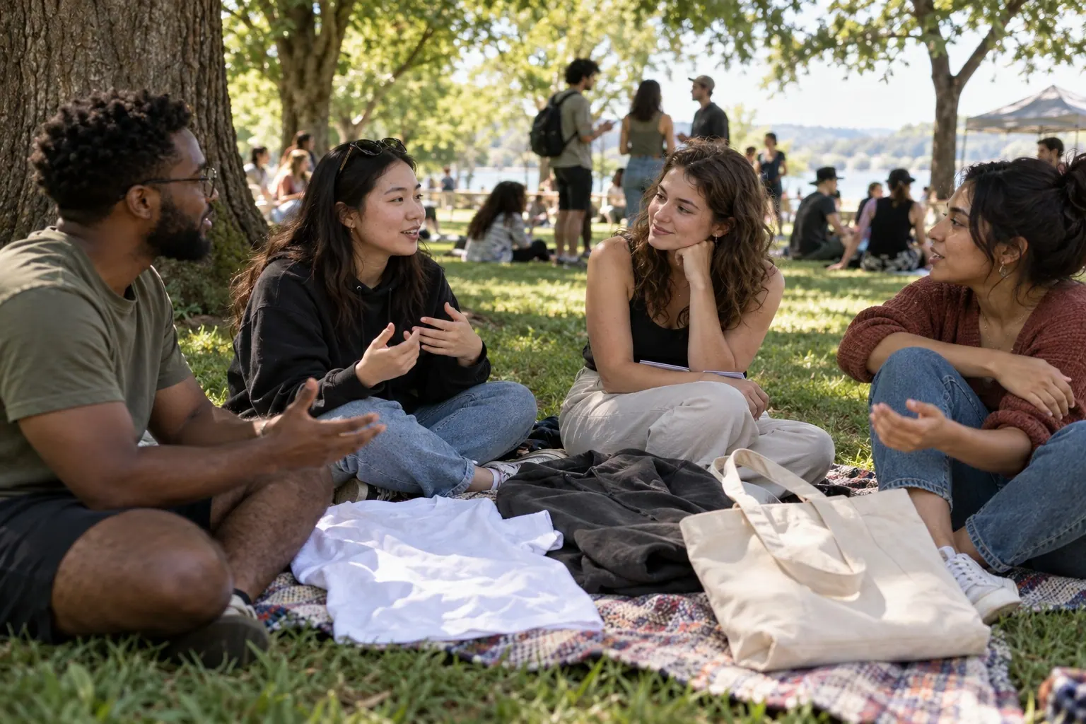 A creator listens to several community members discuss apparel samples around a studio table.