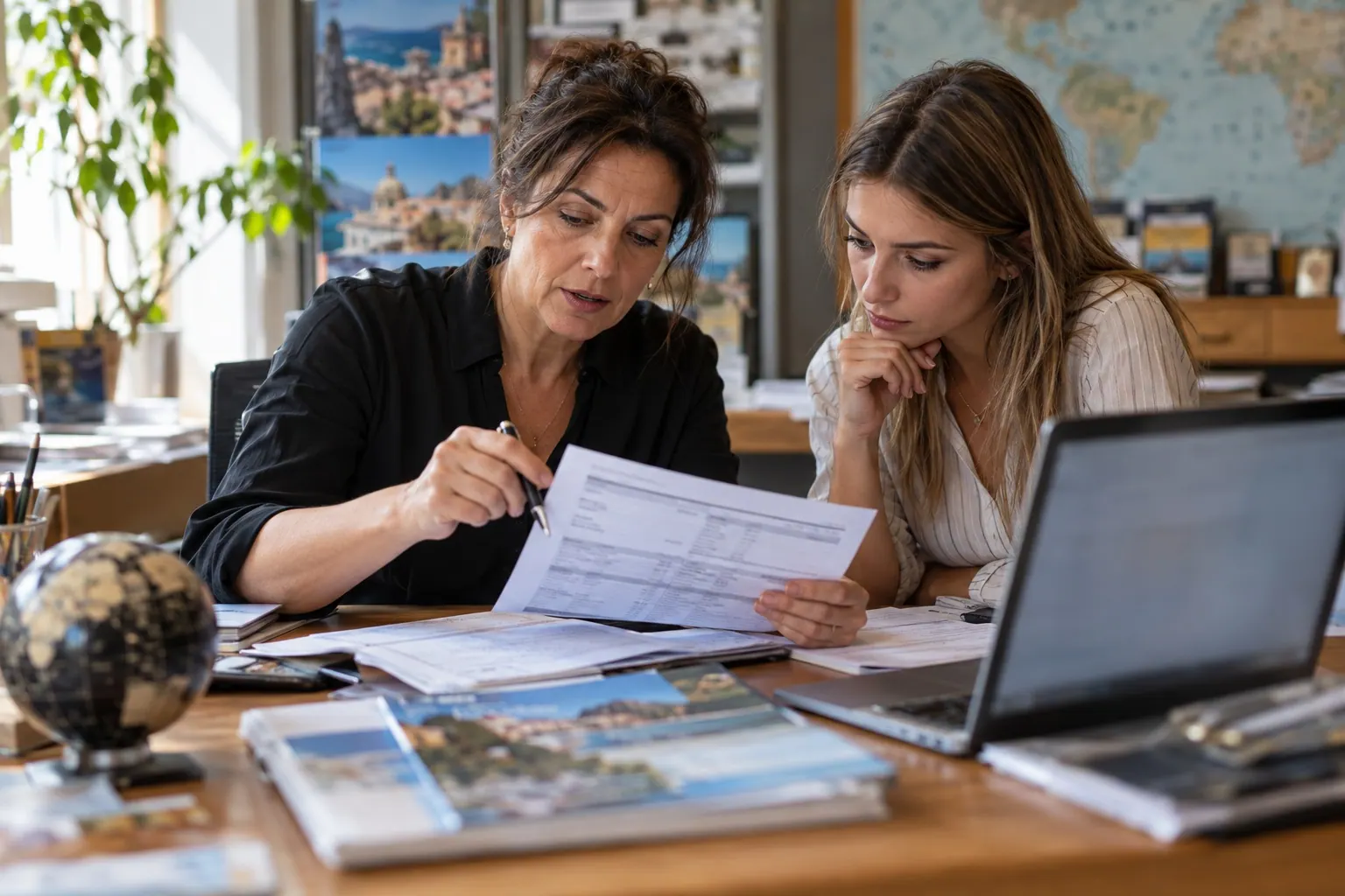 An experienced travel advisor reviews a booking worksheet with a newer agent in a small travel office; the laptop display is unreadable.