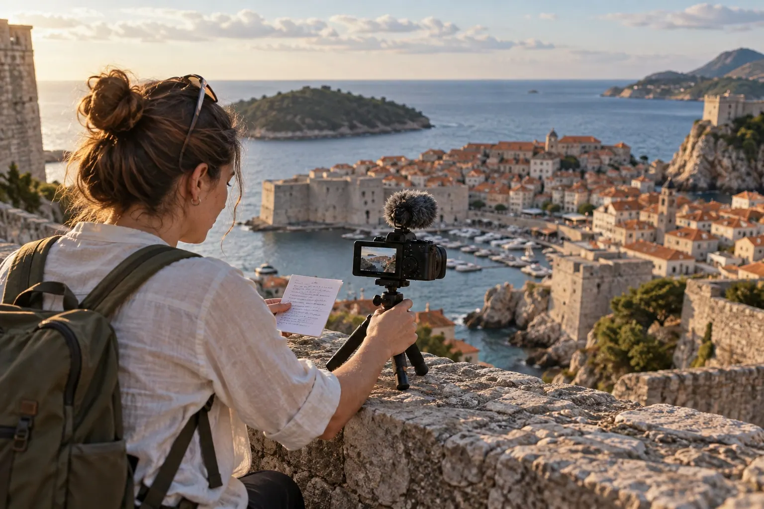 A travel creator films a practical neighborhood guide from a coastal historic-city overlook, using a compact camera and handwritten notes.
