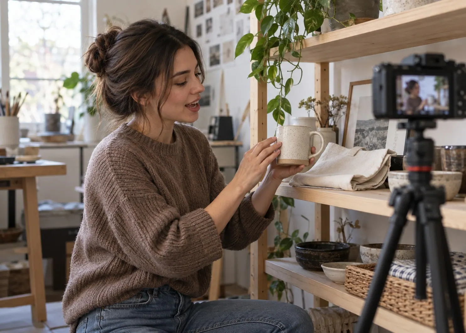 A creator records a short product demonstration in a working studio.