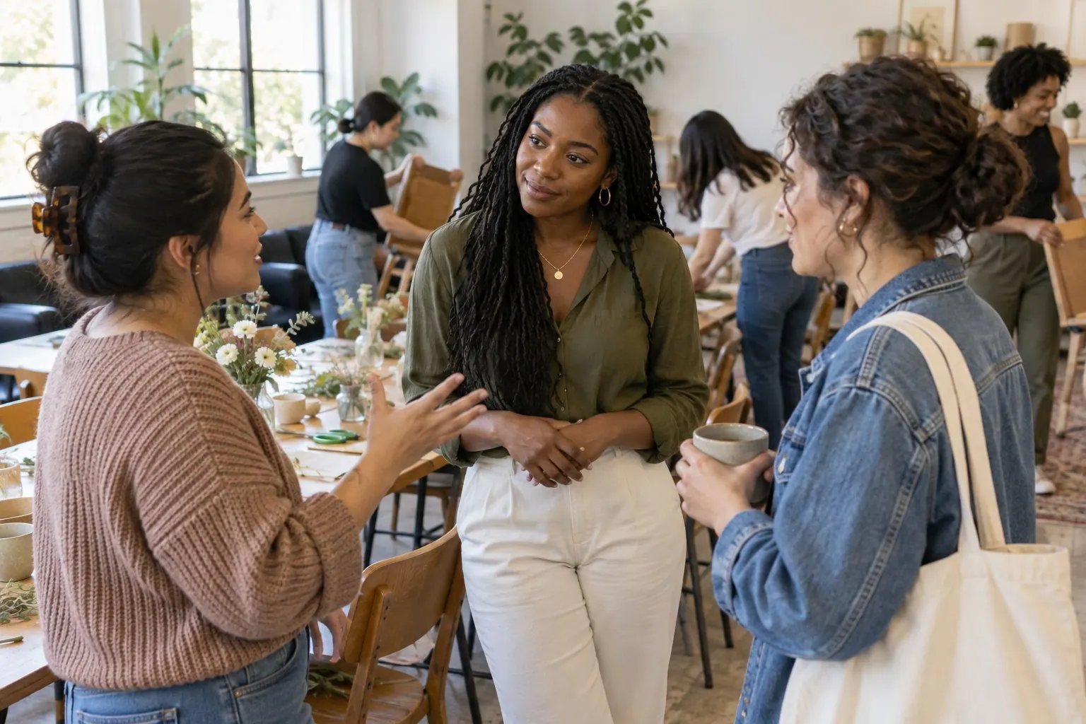 A creator talks with attendees after a small in-person workshop.