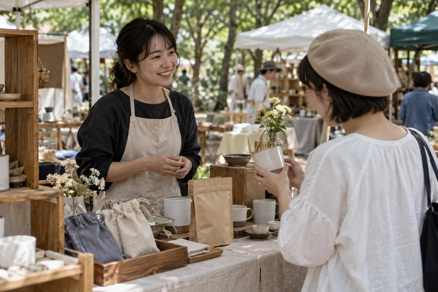 A maker presents a small selection of handmade products to a visitor at an outdoor market.