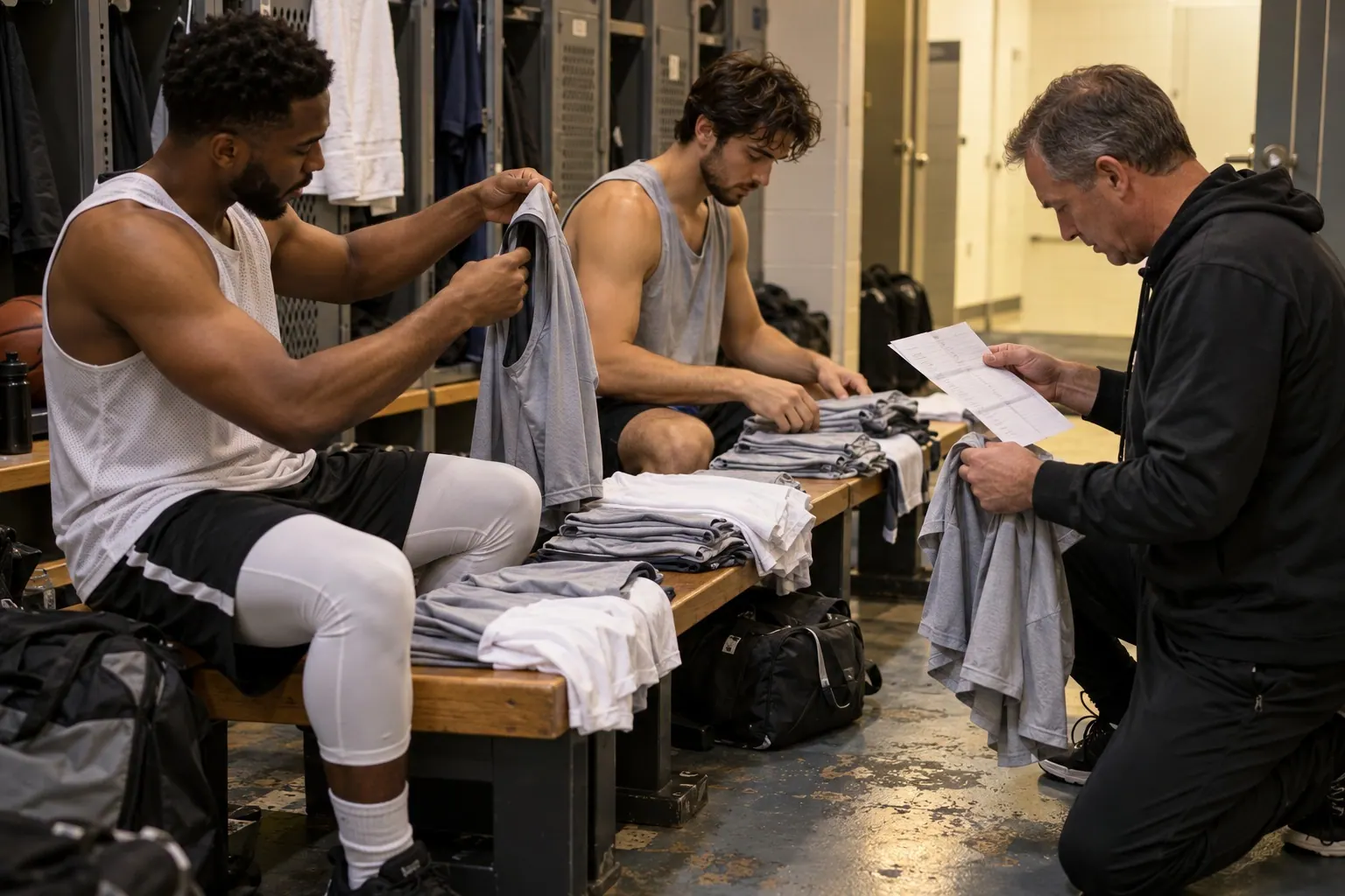A coach and basketball players sort plain jerseys by size before practice.