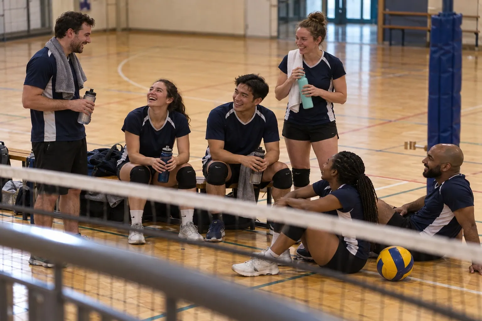 A community volleyball team relaxes together after a match in coordinated plain jerseys.