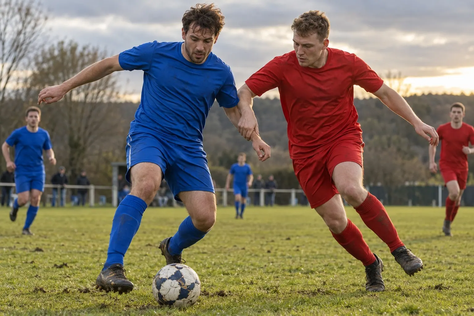 Two players contest possession during a community football match in plain, unbranded jerseys.