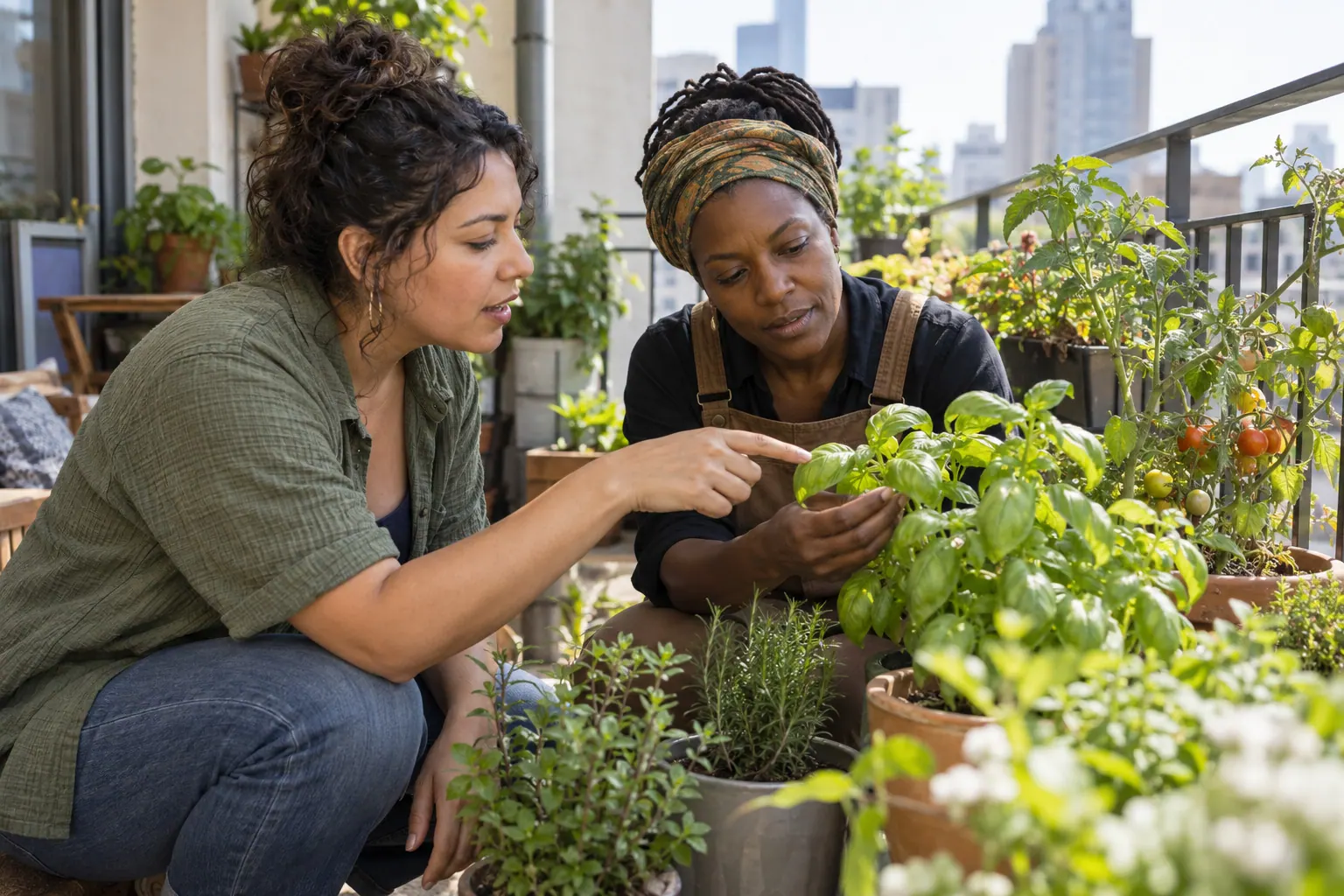 A horticulture educator listening to a balcony gardener describe a plant-care problem