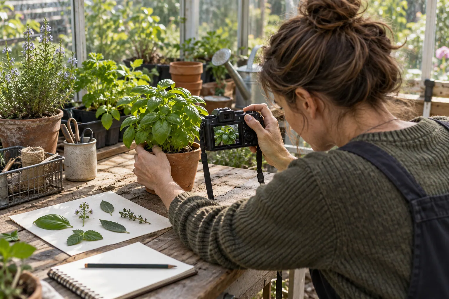 A horticulture educator photographing a potted herb while preparing a practical guide