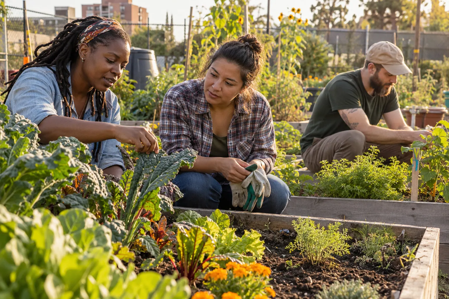 Three community gardeners share plant-care advice while tending a raised bed outdoors.