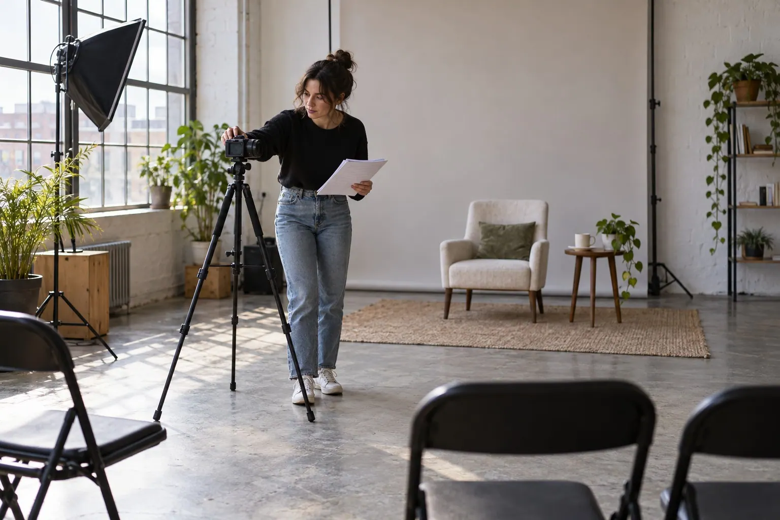 A solo consultant records a short lesson in a modest home studio, with notes visible beside the camera.