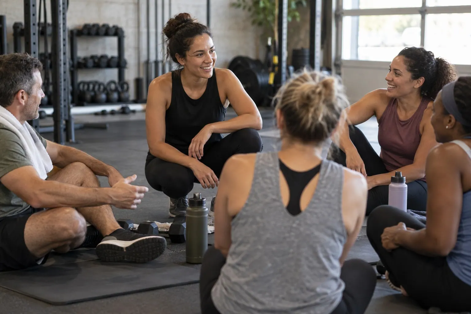 A fitness instructor listens to adult members after a community strength class.