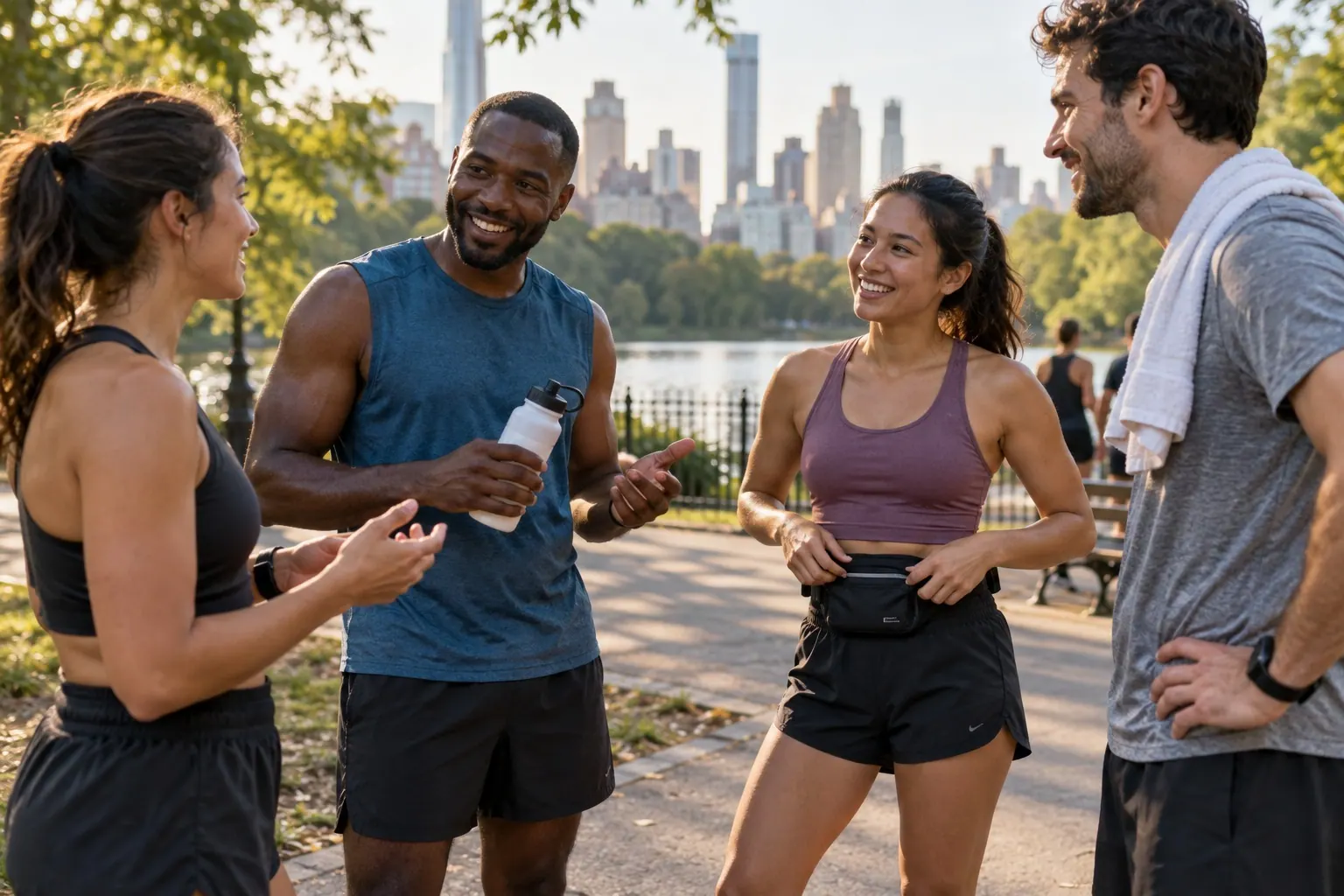 Recreational runners talk after an outdoor group run, comparing what they carry for training and travel.