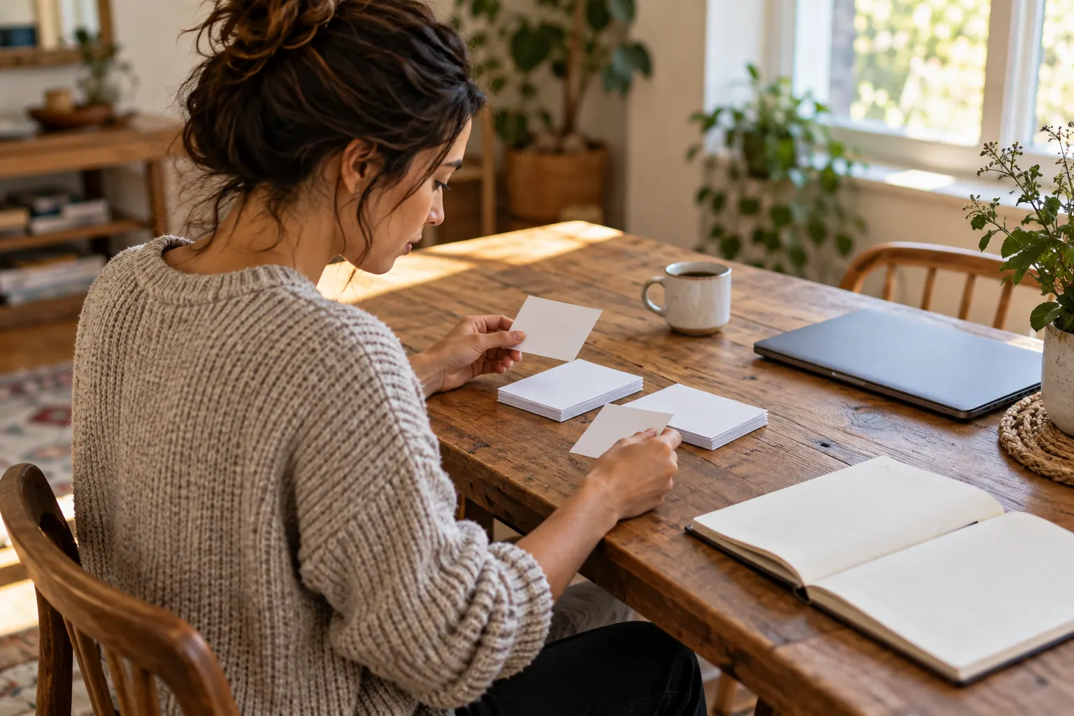 A wellness creator organizes blank response cards beside a notebook while planning what audience feedback to investigate.
