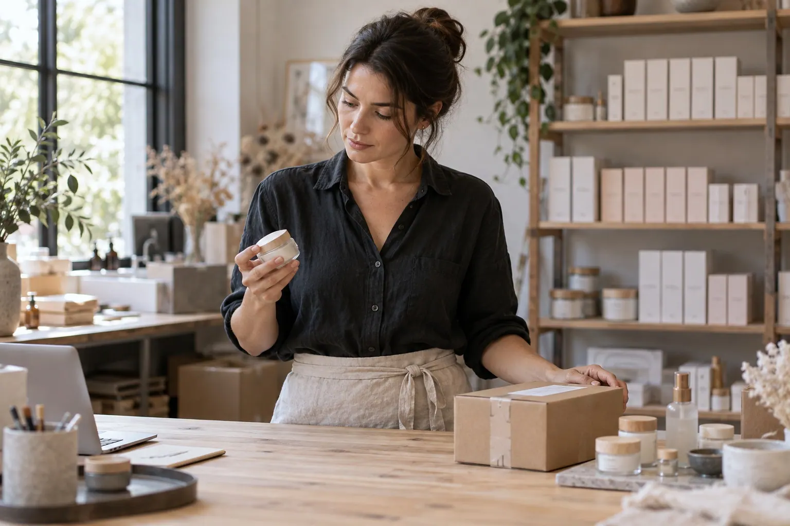 A cosmetics brand founder examines a product beside a customer parcel and stocked shelves in her studio.