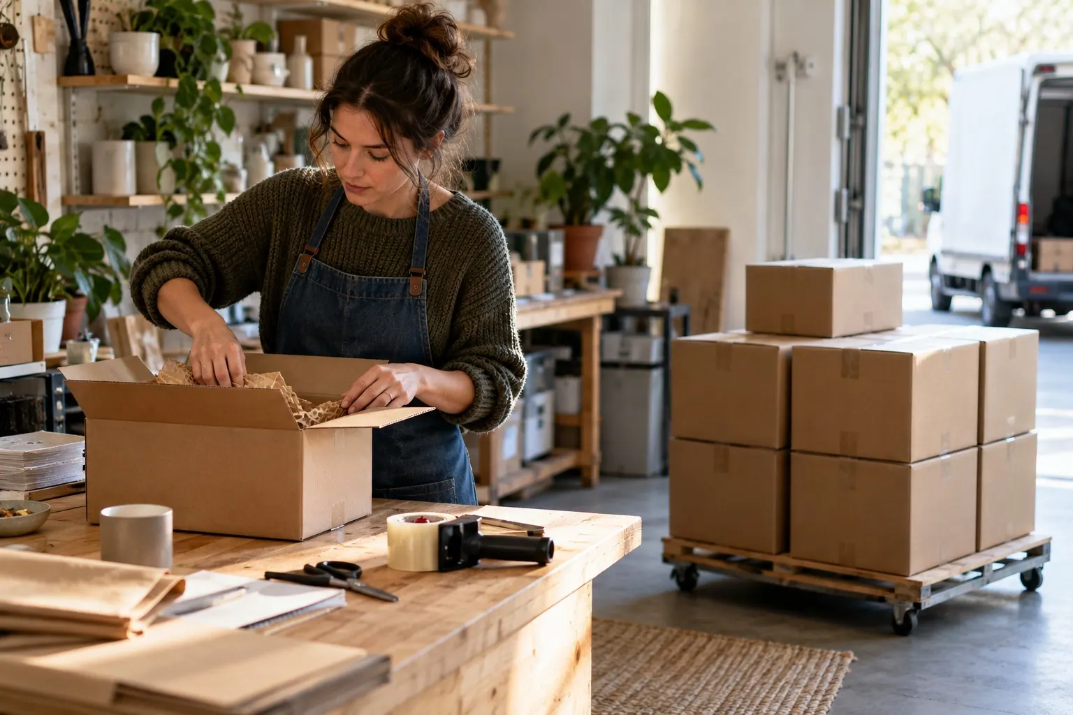A cosmetics brand owner packs an online order while a limited stock of products waits nearby.