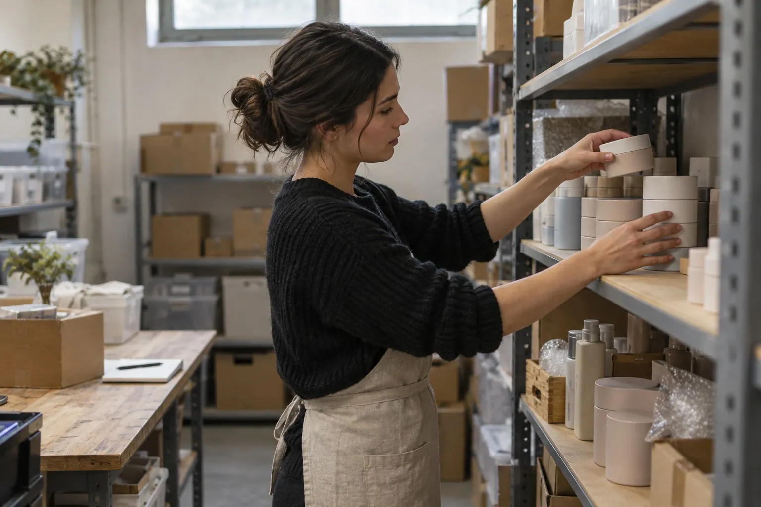 A cosmetics business owner selects a cosmetics unit from organized stockroom shelves.