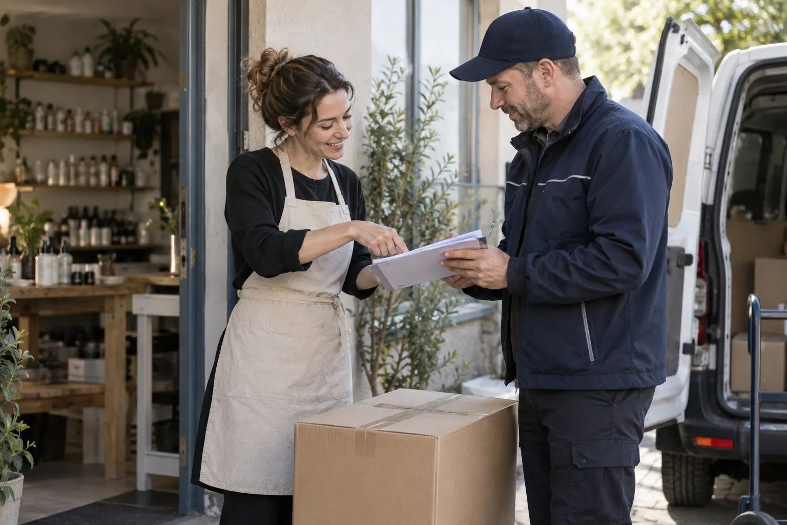 A small cosmetics business owner receives a shipment from a courier outside her studio.