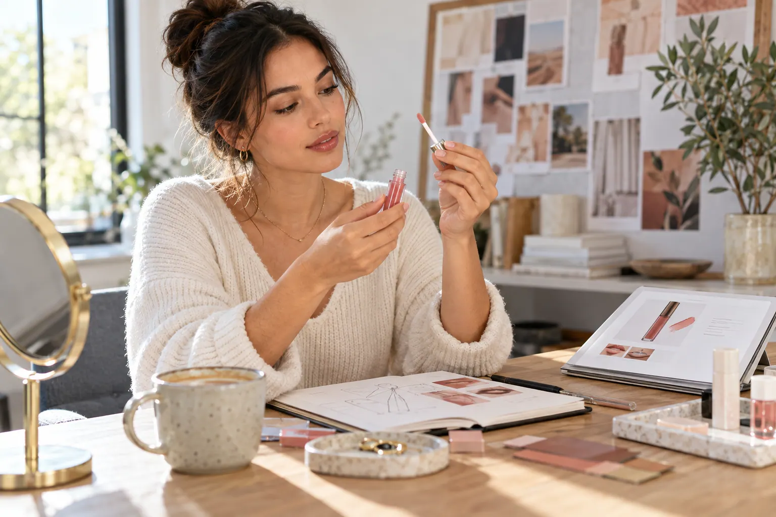 A beauty founder examines a private-label lip product sample and records observations at a studio desk.