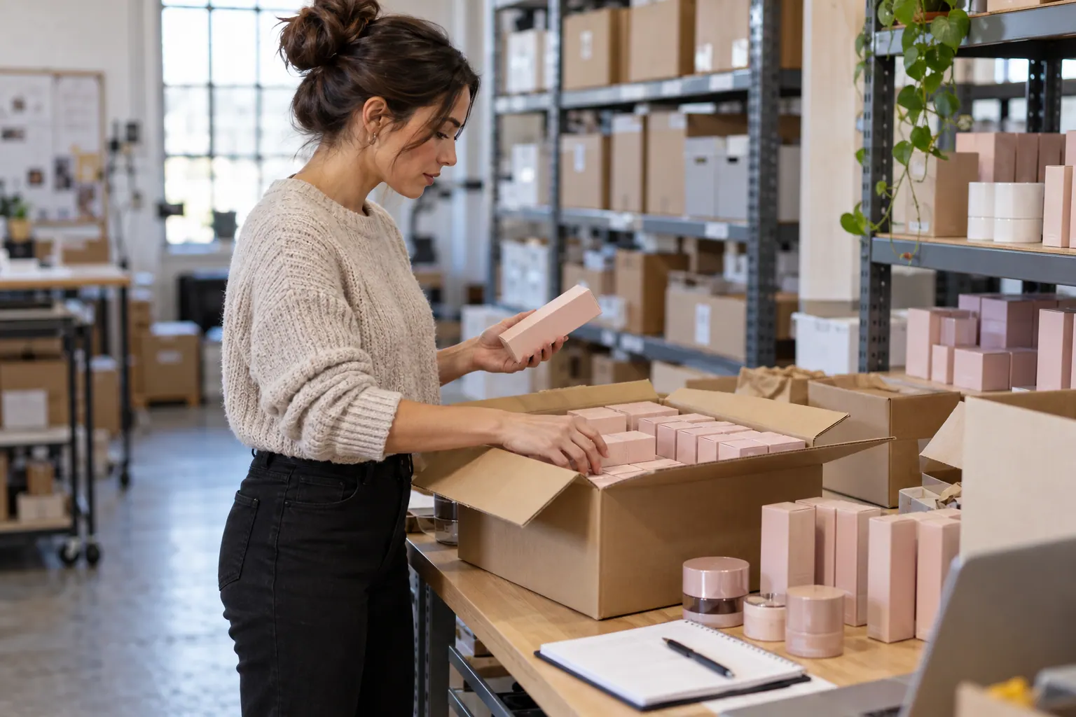 A beauty founder inspects a small batch of boxed cosmetics at a clean fulfillment bench.