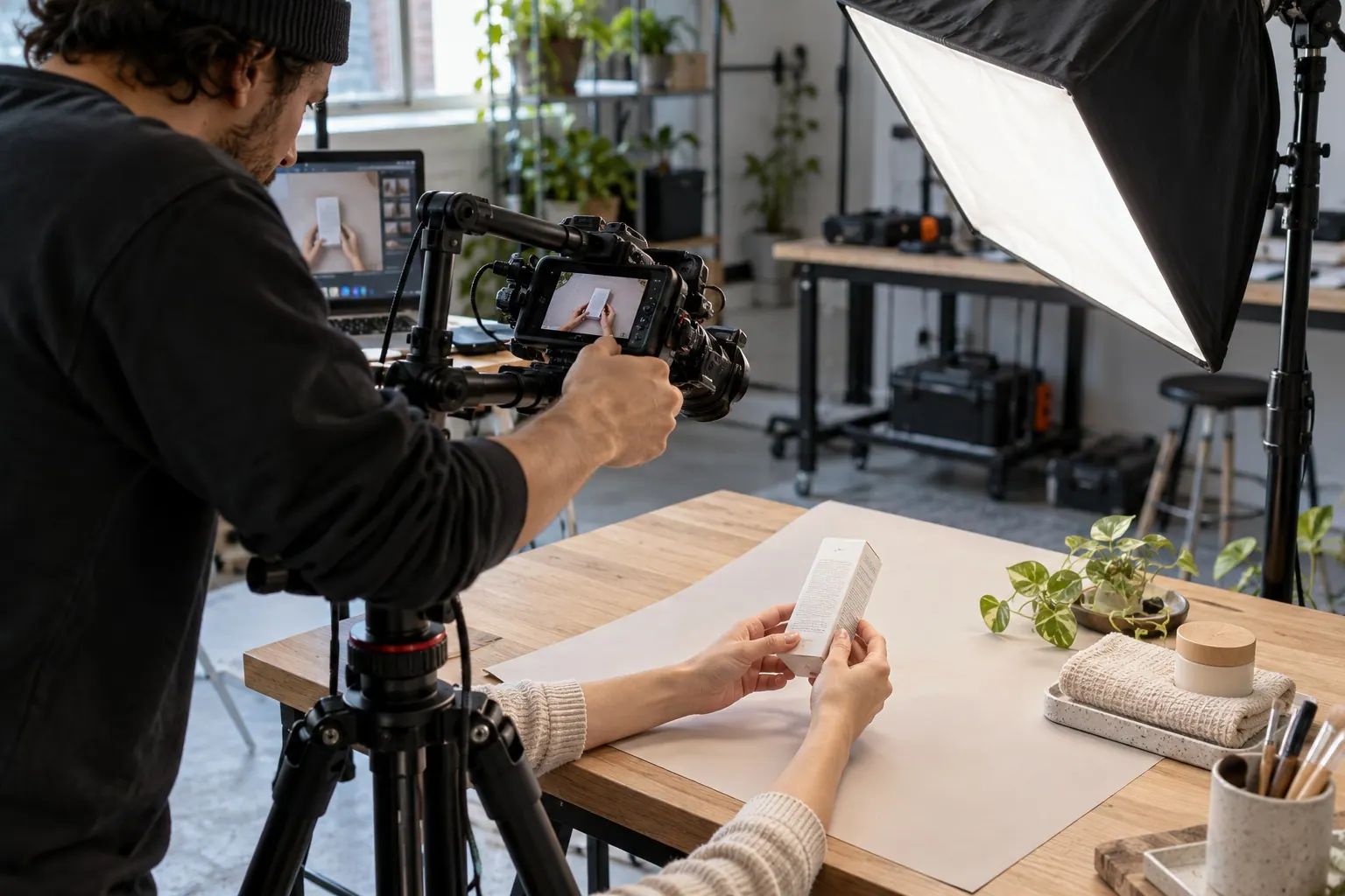 A camera operator films an overhead demonstration of hands checking a plain skincare package in a small media studio.
