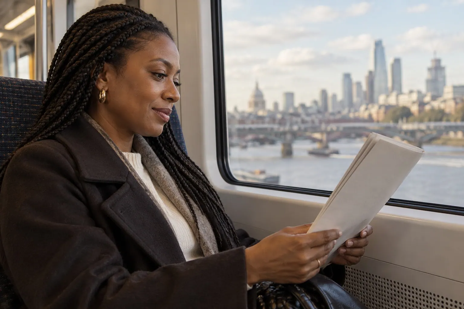 A commuter reads a printed beauty-care newsletter on a train, with the pages turned away so no text is visible.