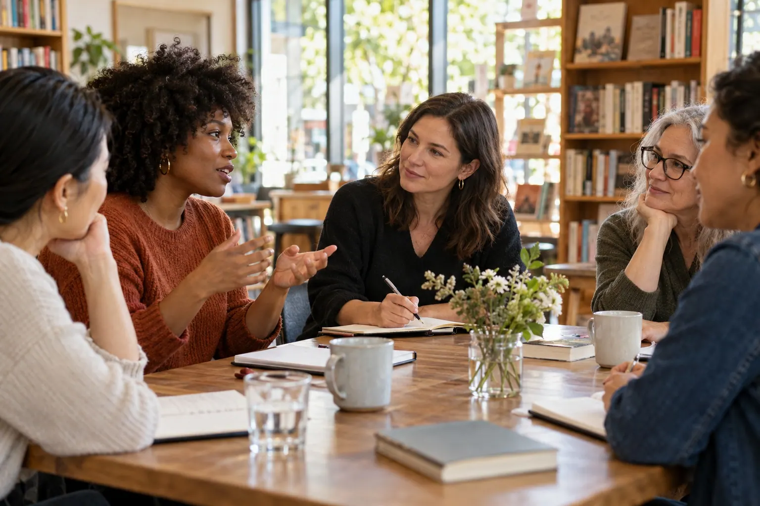 A diverse group of adult readers shares ordinary beauty-care questions with an editor in a sunlit independent bookstore.