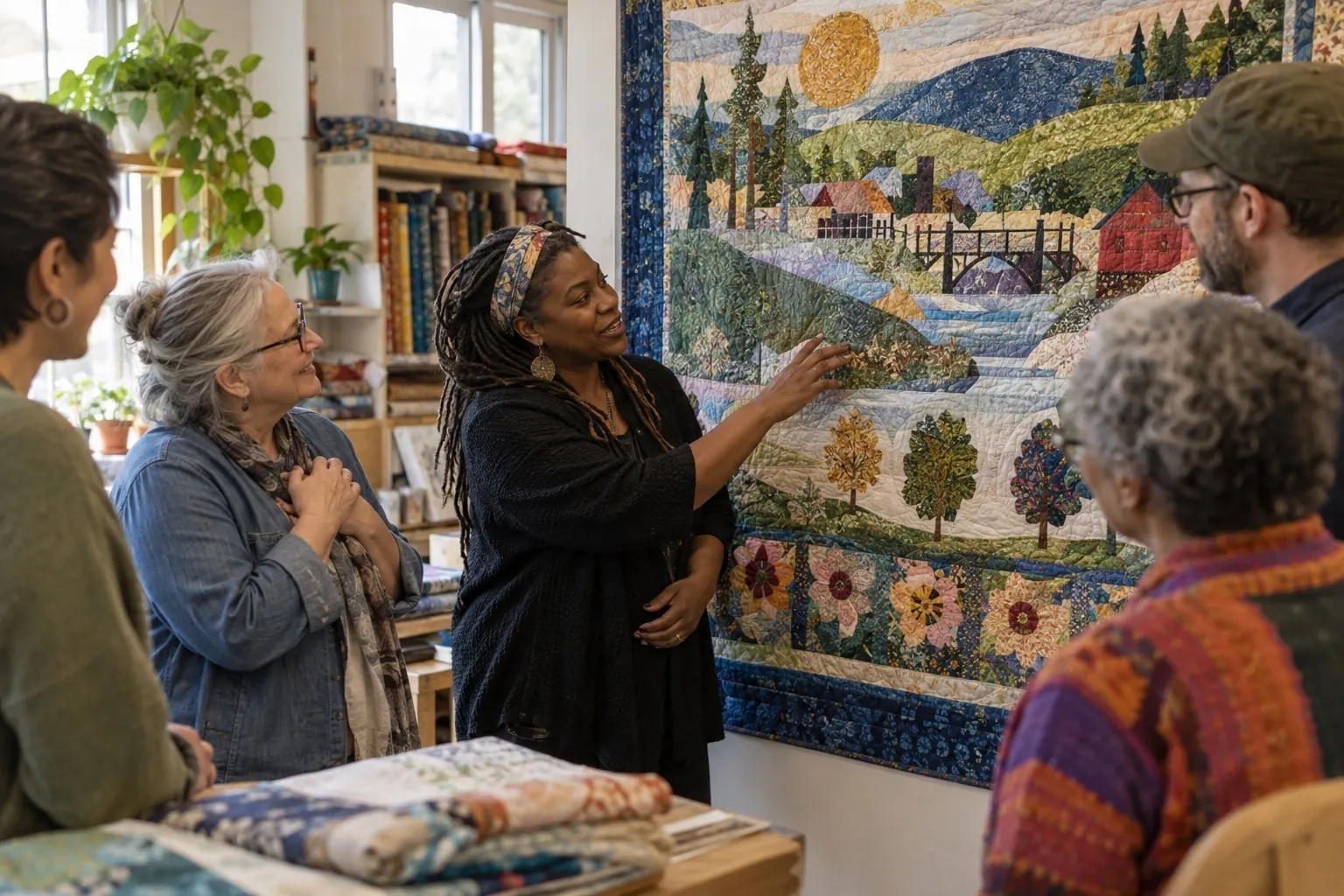 Members gather around a finished textile artwork as its maker explains the piece.