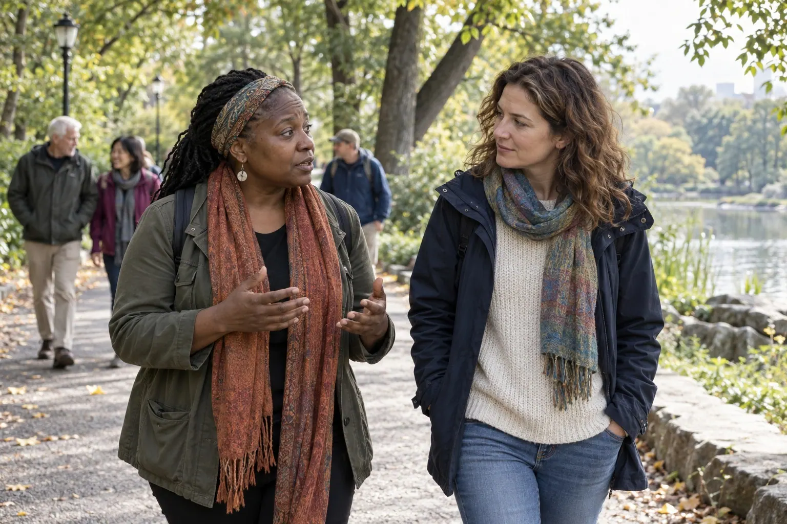 Two members walk together along a tree-lined path, talking face to face.