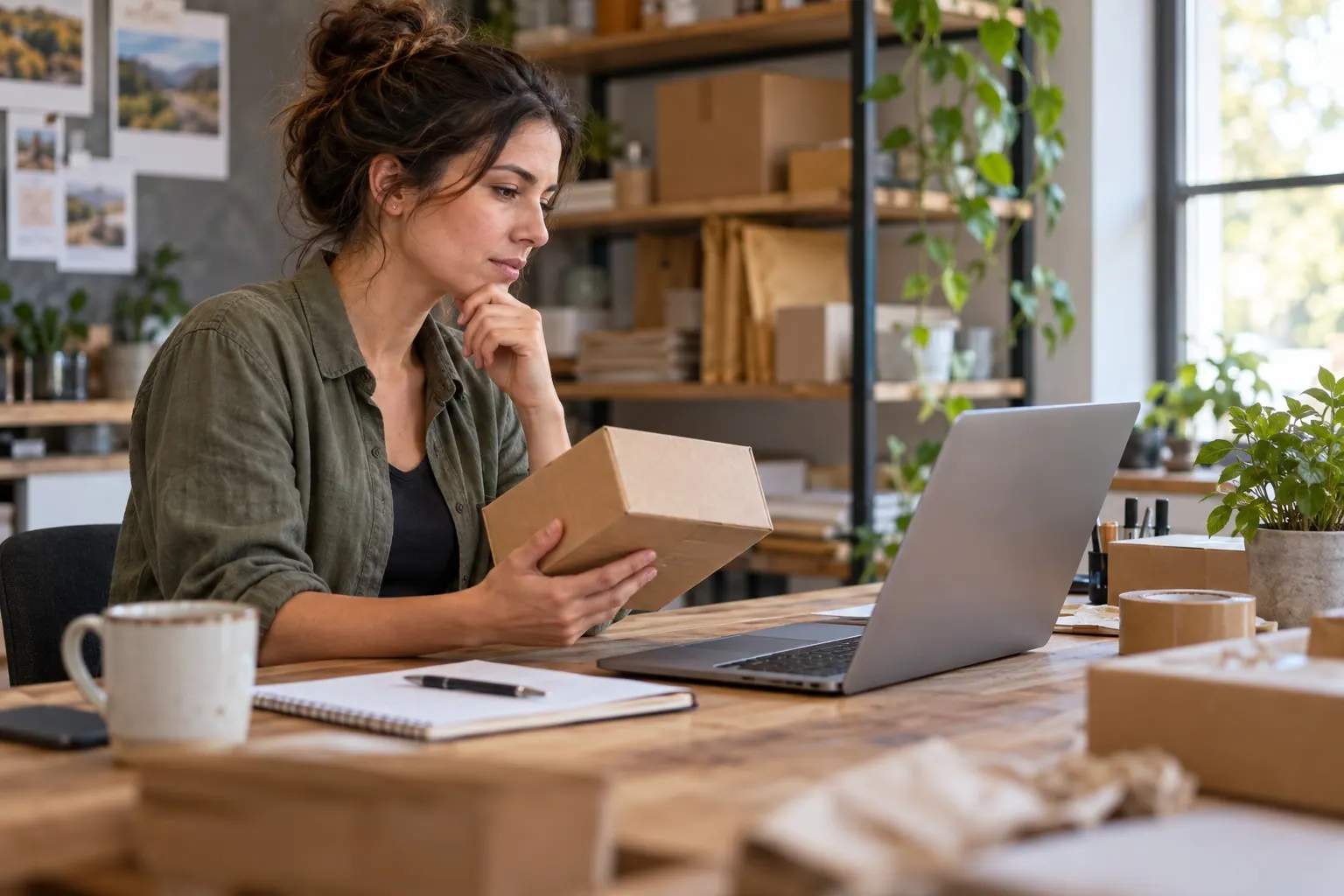 affiliate publisher reviewing an unbranded product parcel and campaign details before choosing a network offer