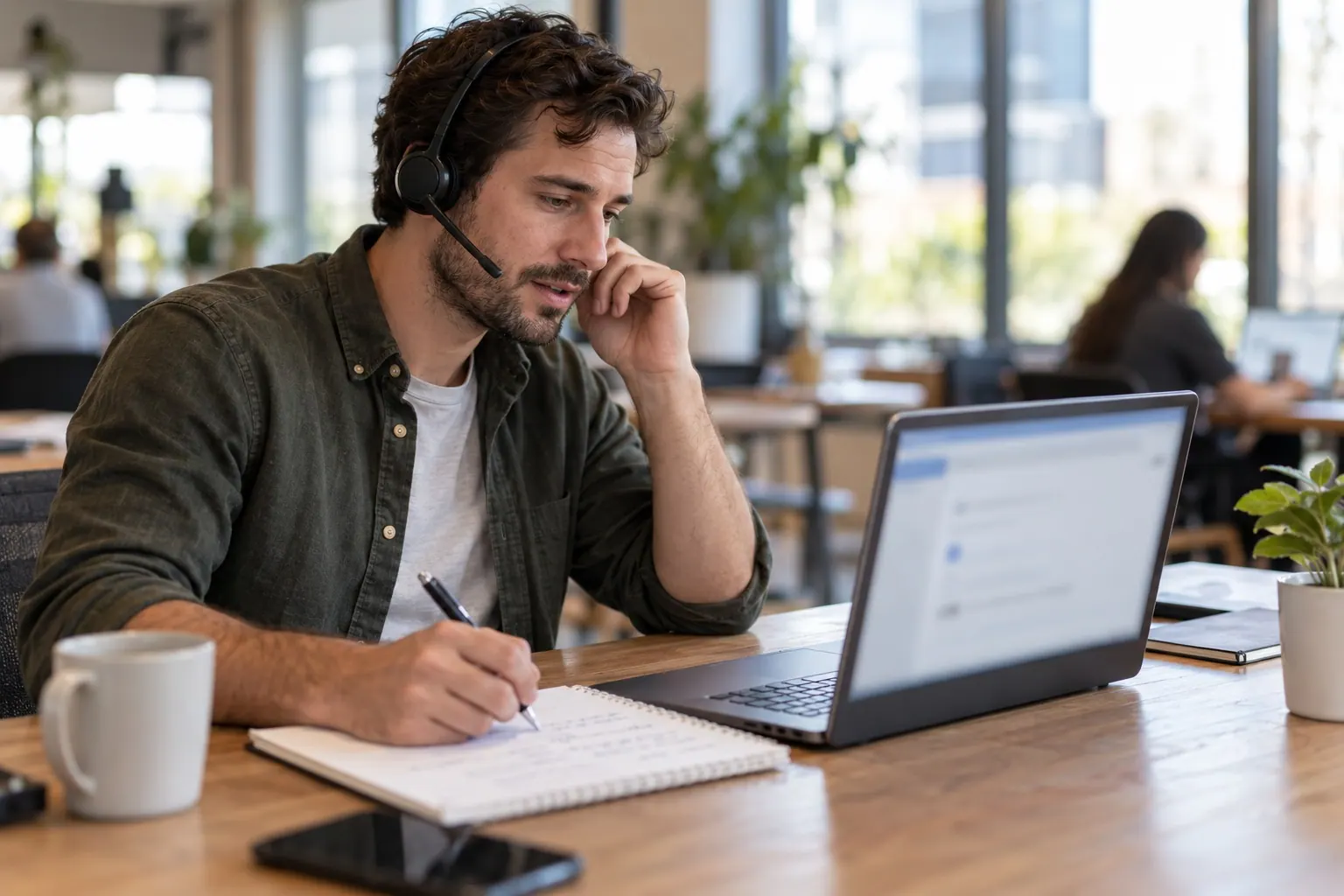 affiliate publisher on a support call while documenting a tracking question beside a laptop