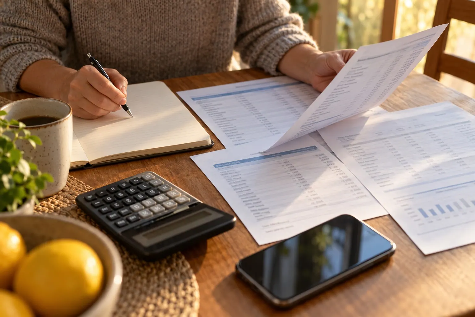 publisher reconciling campaign statements, a notebook, calculator, and phone at a table