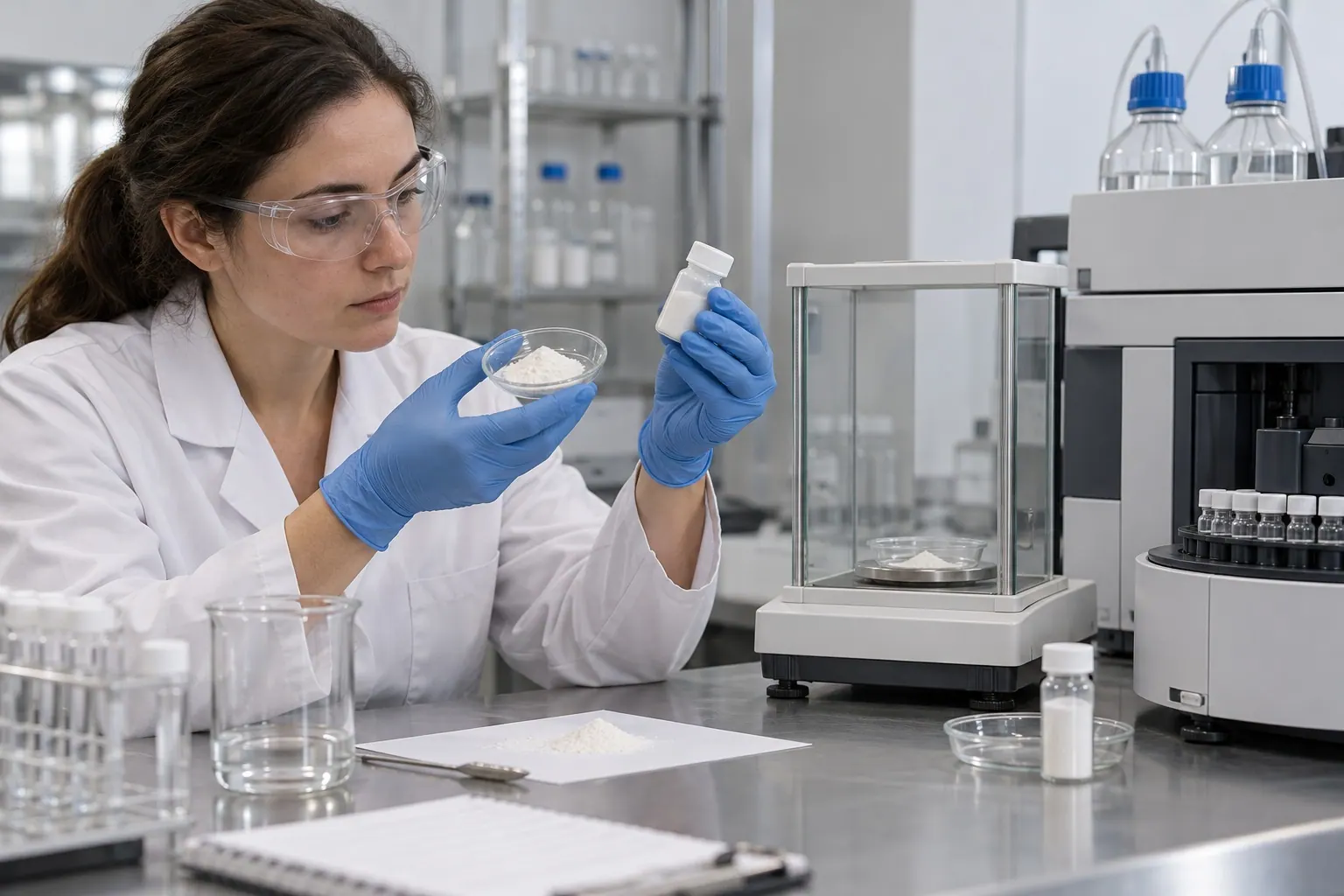 A laboratory technician compares a supplement powder sample with a sealed test vial beside analytical instruments.