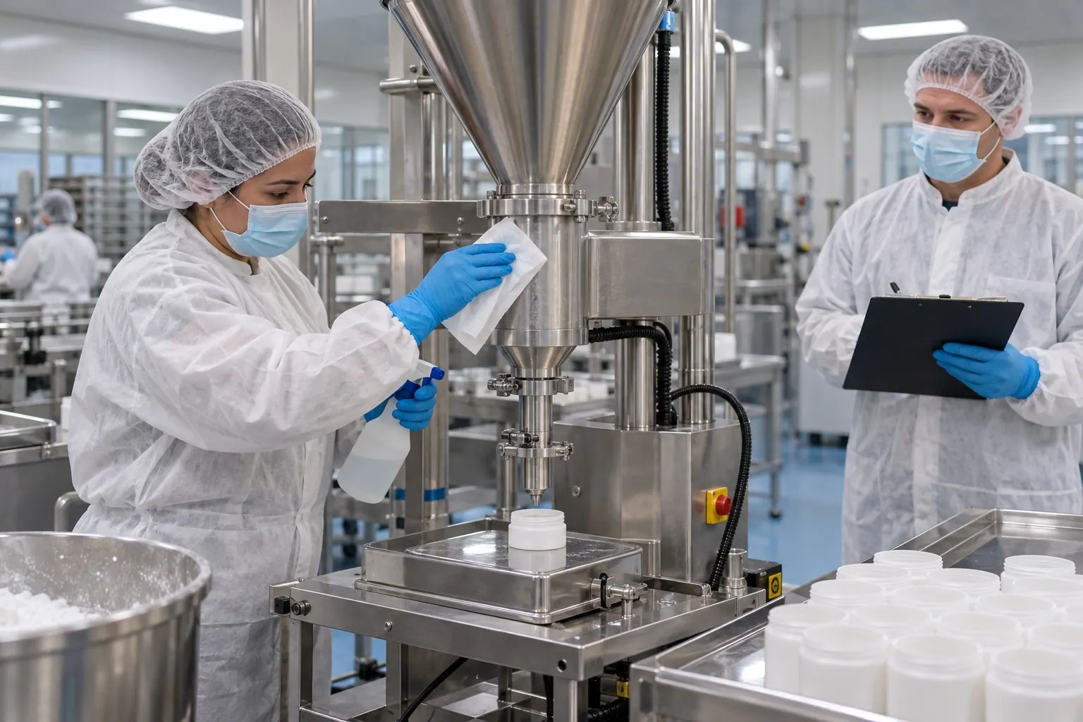 A quality manager observes a worker sanitizing and preparing a supplement powder filling station.