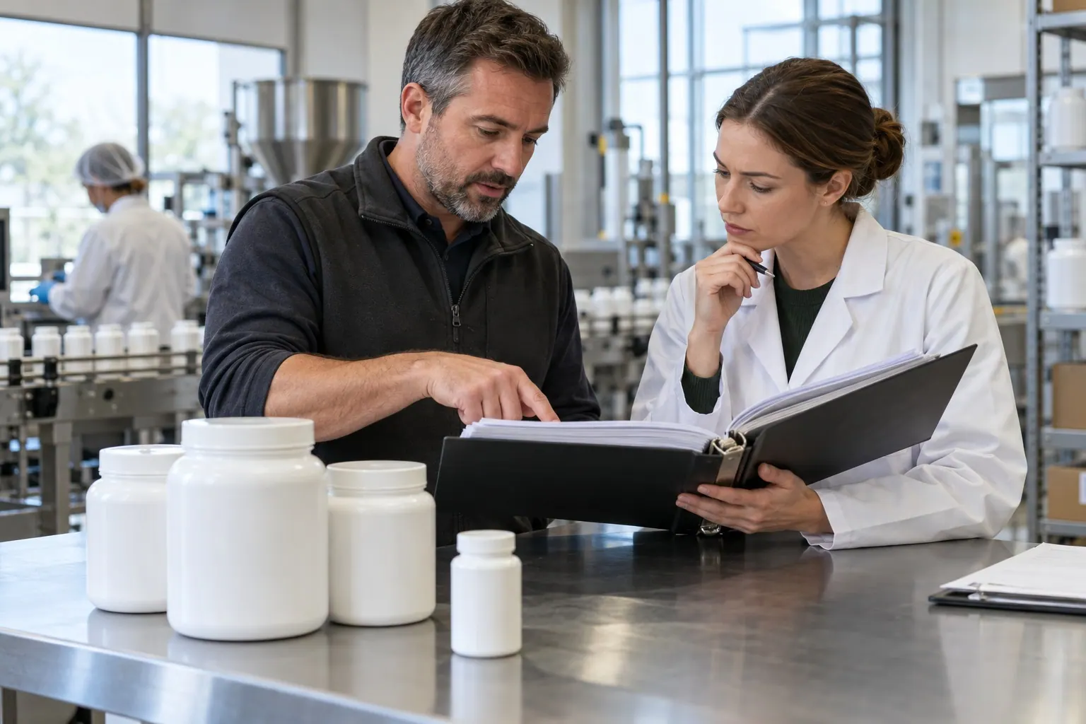 A supplement operations manager and compliance reviewer check production records beside plain supplement containers.