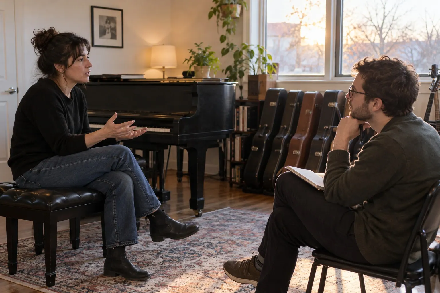 A consultant asks a shop owner about products while they talk in a music studio.